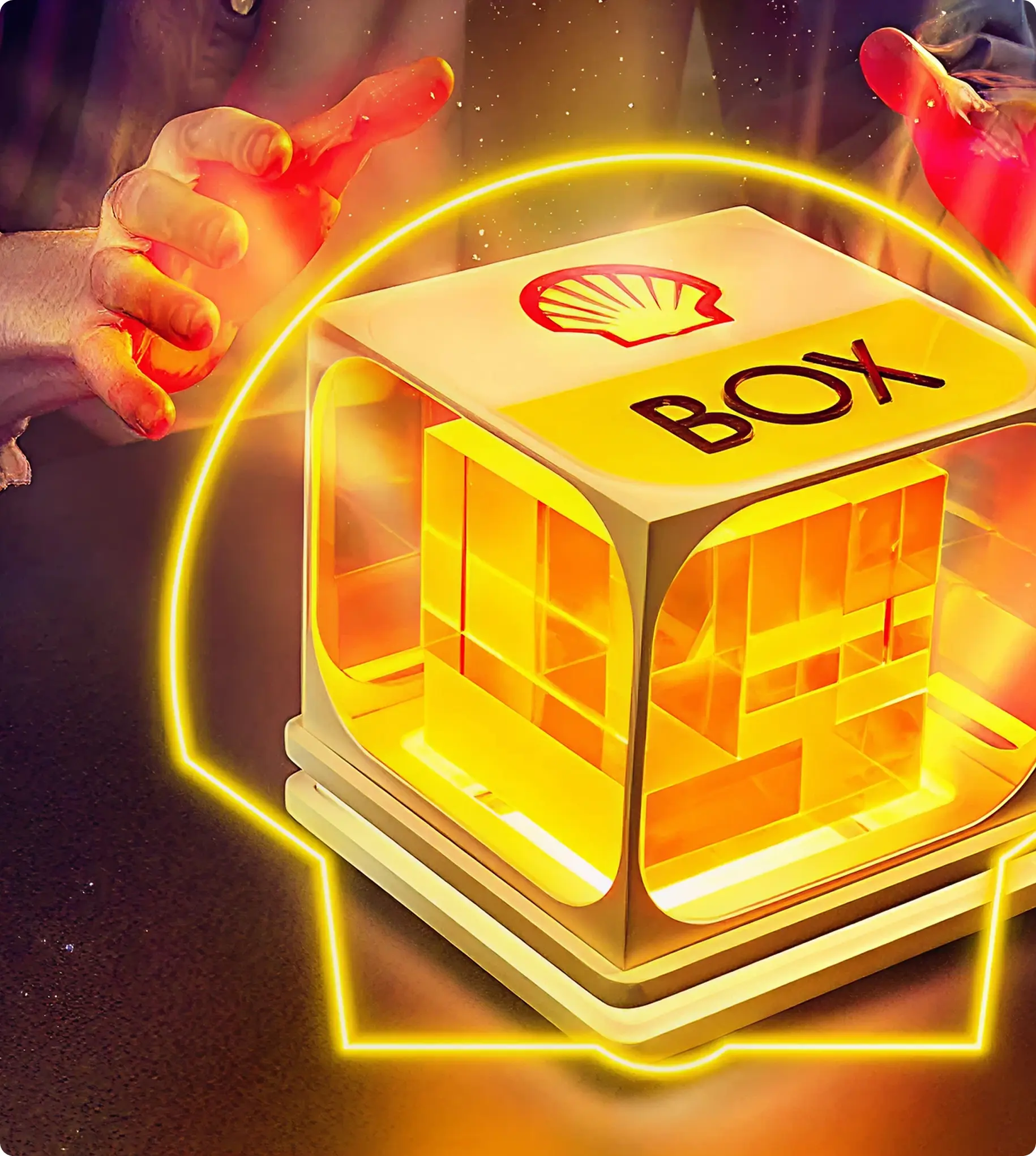 Shellbox box with lights and hand around it