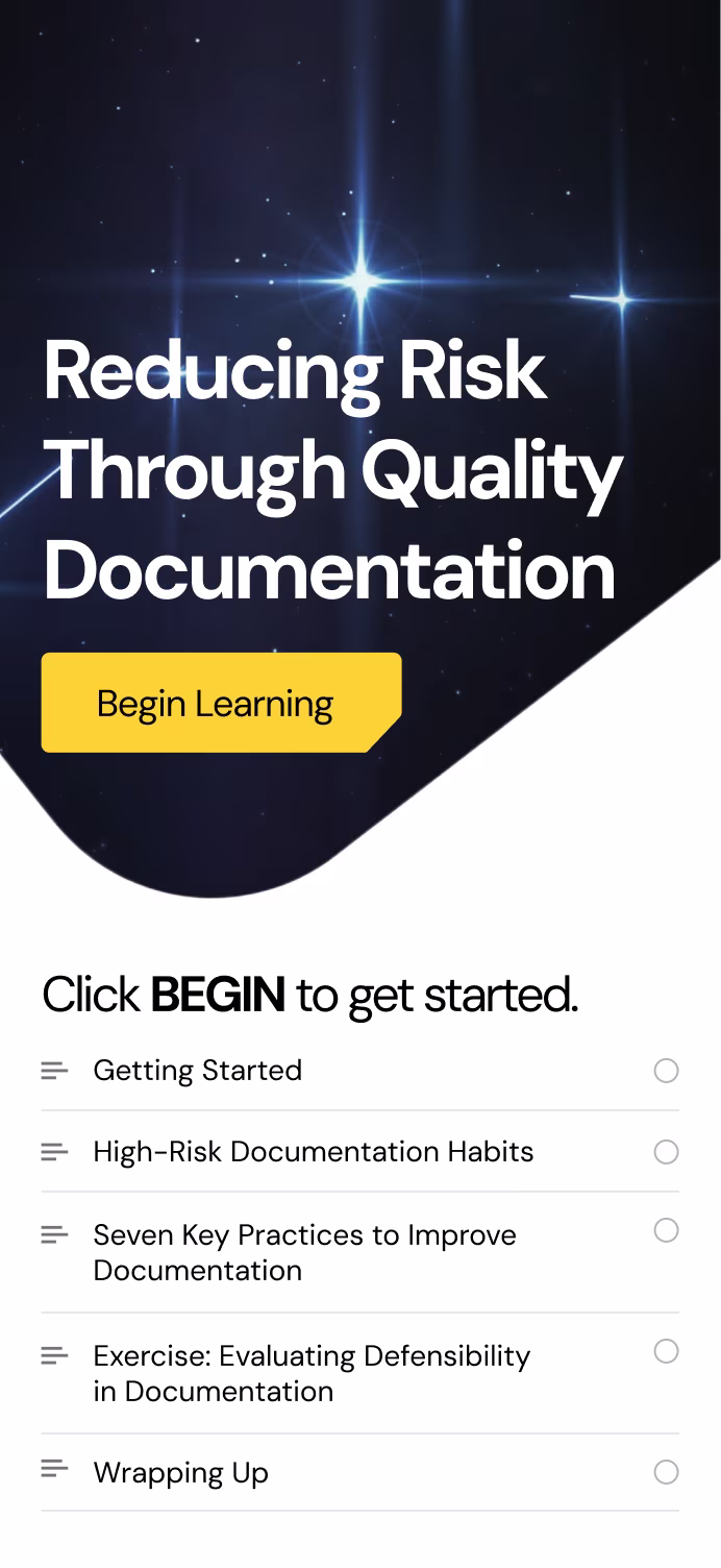 Mobile screen showing a learning module titled 'Reducing Risk Through Quality Documentation' with a yellow 'Begin Learning' button and a checklist of lessons.
