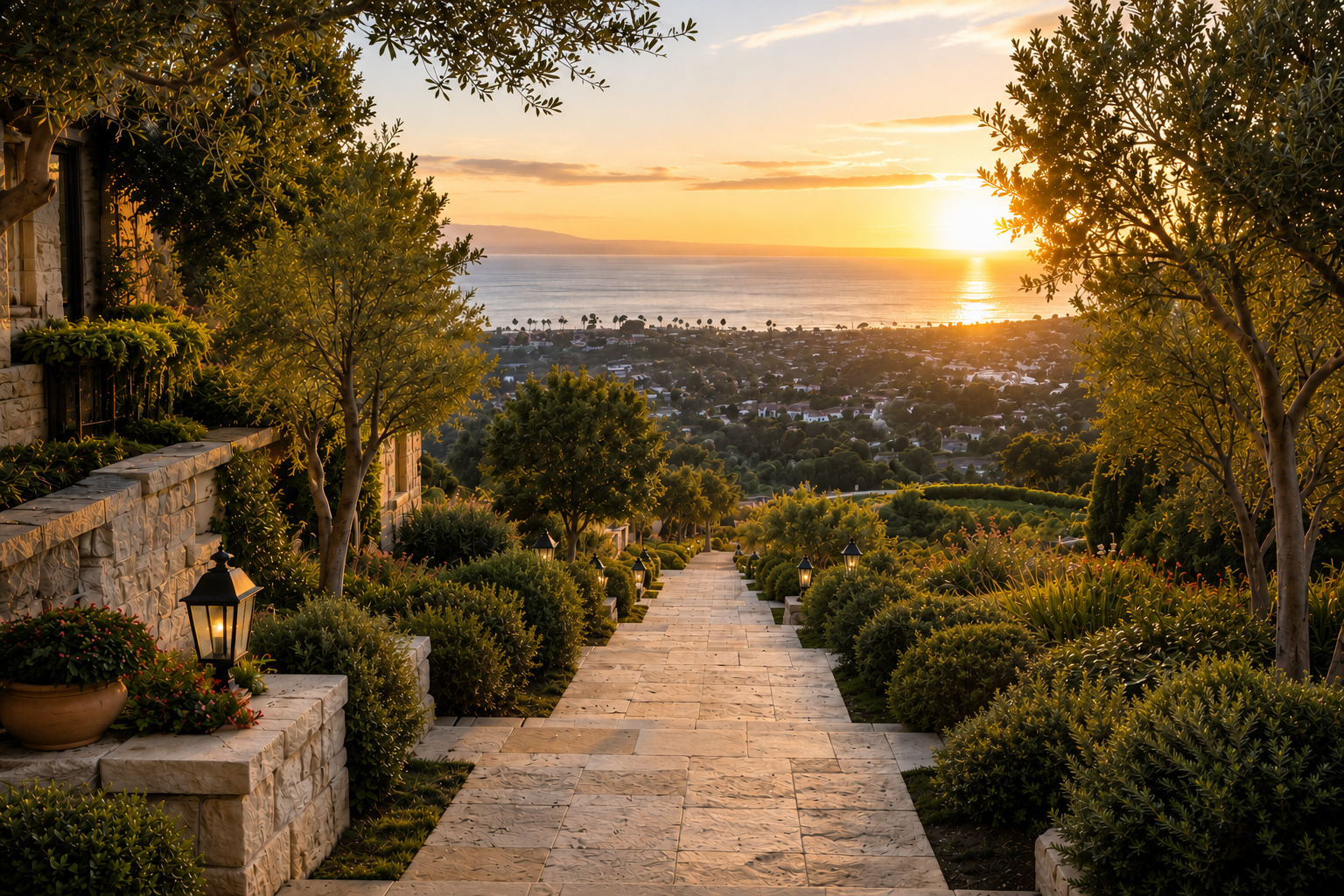 Landscaped hillside path overlooking the coast at sunset.