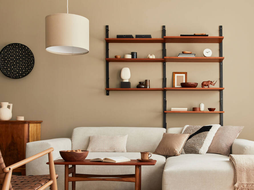 Modern living room with white couch