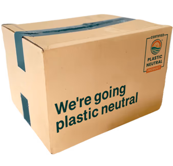 Cardboard shipping box labeled “We’re going plastic neutral” with a Certified Plastic Neutral Product badge from rePurpose Global.