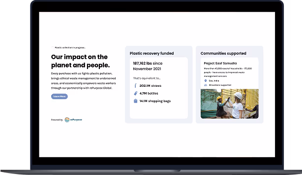 Laptop screen showing impact stats from rePurpose Global