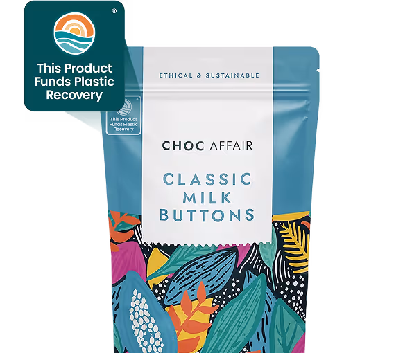 Choc Affair Classic Milk Buttons packaging with a “This Product Funds Plastic Recovery” badge, showcasing ethical and sustainable branding supported by rePurpose Global.