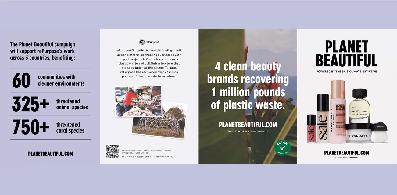 Collage highlighting rePurpose Global’s impact: 60 communities supported, 325+ threatened animal species protected, and 750+ threatened coral species benefited.