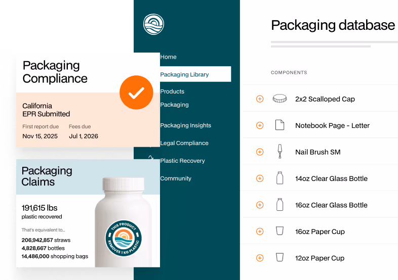 Example of rePurpose Global’s packaging compliance and recovery platform interface, featuring California EPR submission status, a packaging component database, and certified plastic recovery claims