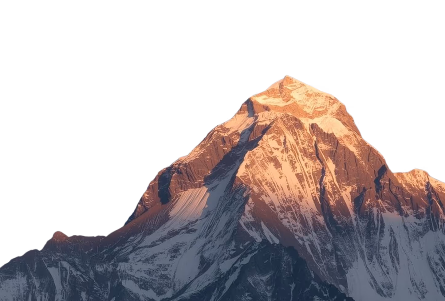 Snow-covered mountain peak illuminated by warm sunlight against a clear sky.