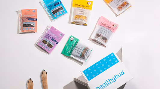Dog treat packages in various colors scattered near an open Healthybud box with a dog's paws visible at the bottom.