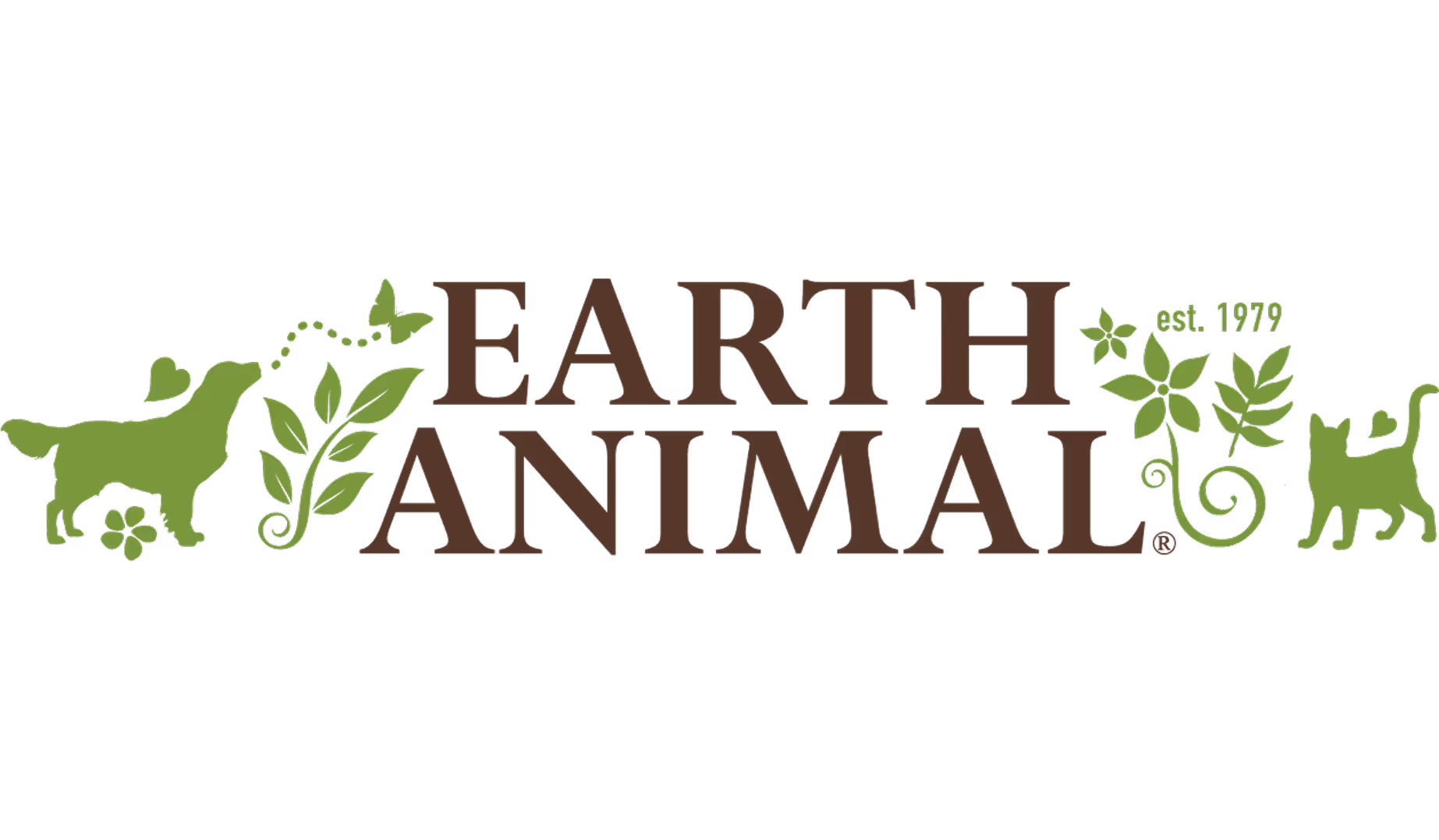 Earth Animal logo featuring a brown text with green silhouettes of a dog, cat, leaves, flowers, and a butterfly.