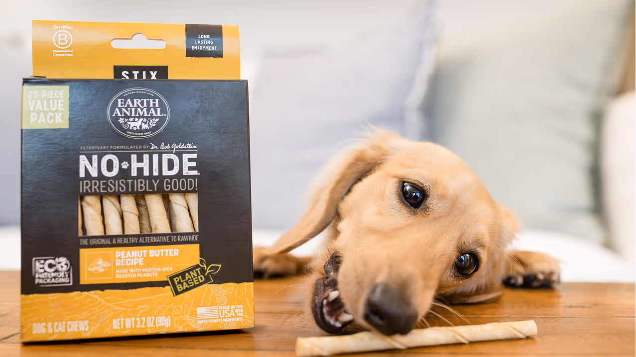 Golden retriever puppy chewing on a peanut butter flavored plant-based dog chew stick next to a box of Earth Animal No-Hide chews.