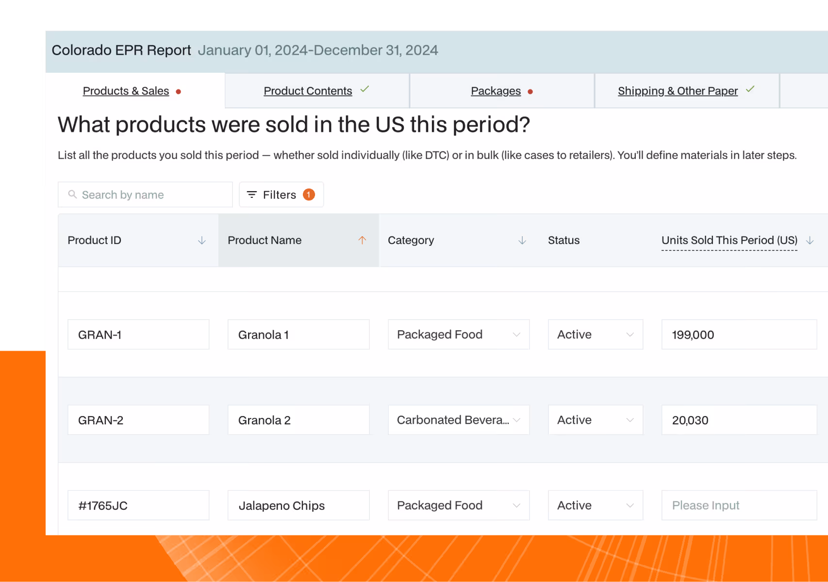 Colorado EPR report listing Granola 1, Granola 2, Jalapeno Chips sold in US with units and status details.