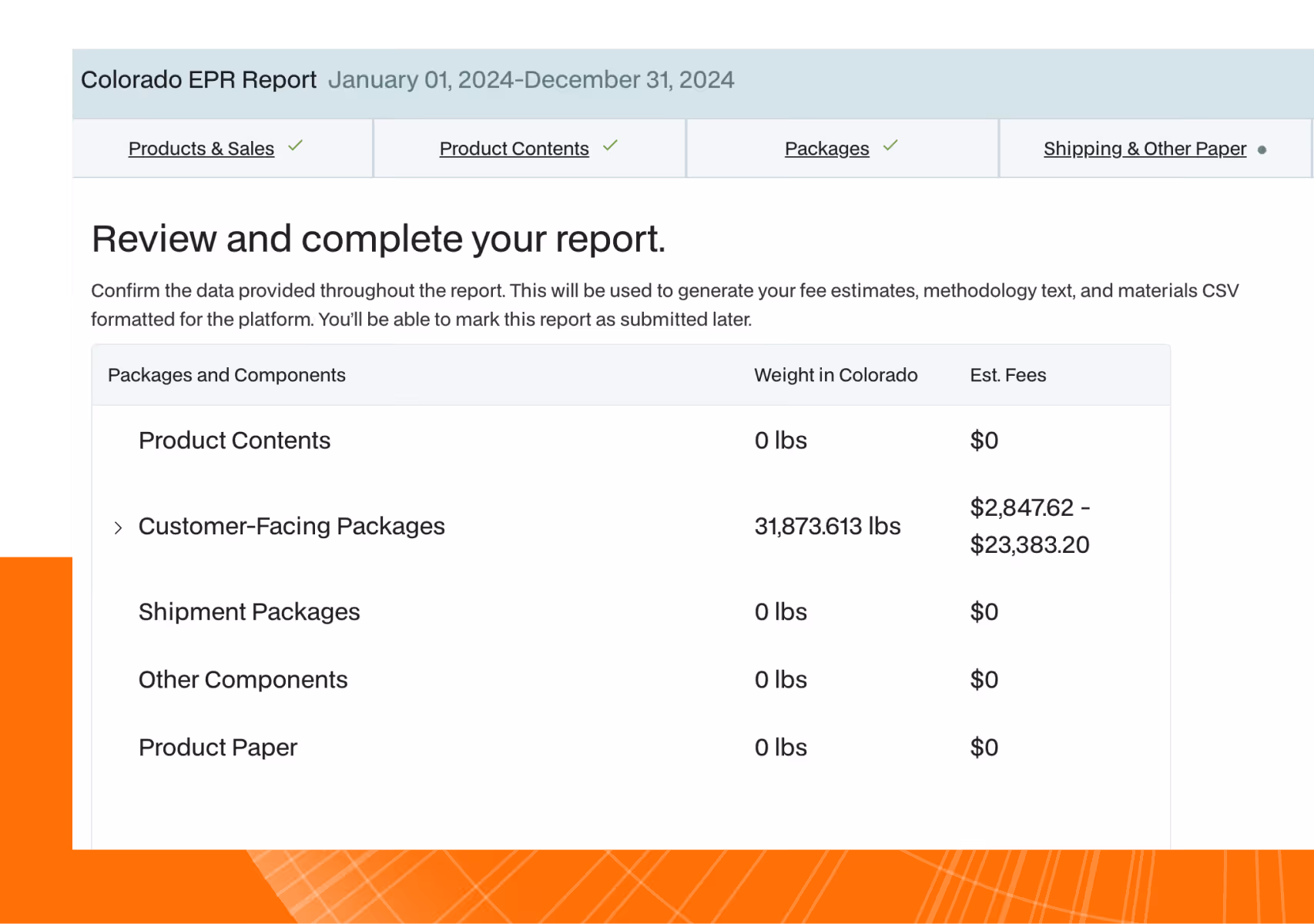 Colorado EPR report showing package weights and estimated fees for products, packages, and paper for 2024.