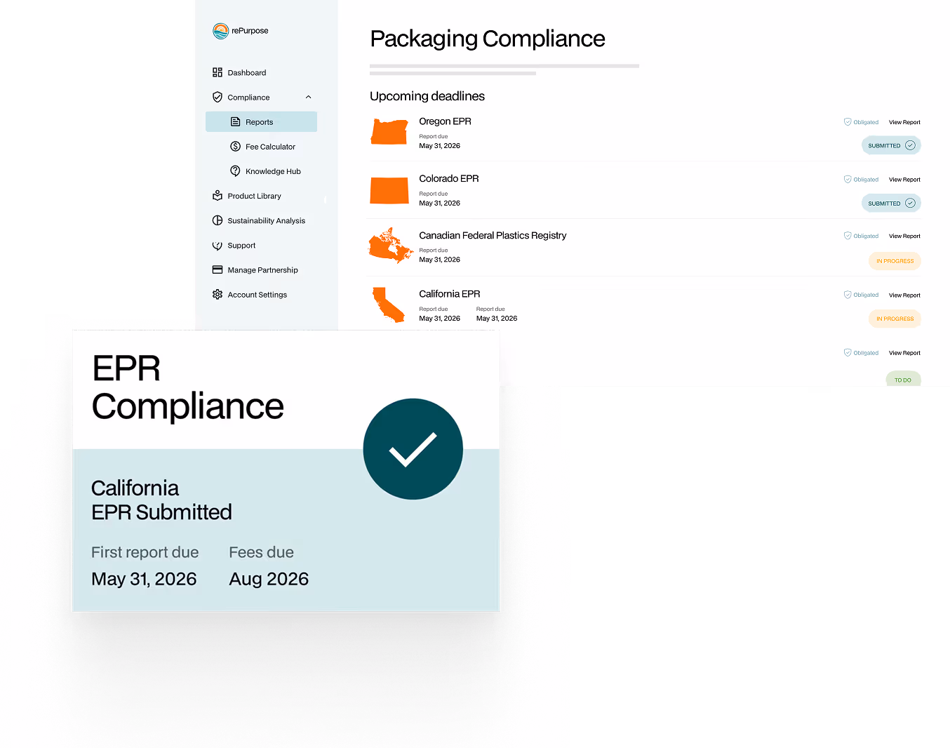 Dashboard displaying packaging compliance with upcoming report deadlines for Oregon, Colorado, Canada, and California EPR.