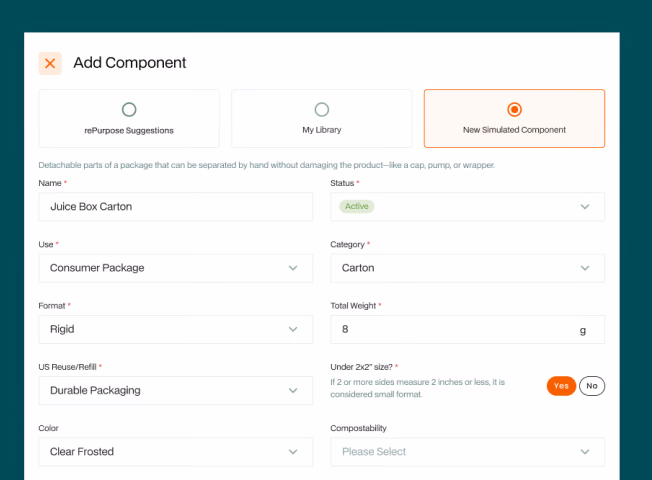 Form interface to add a new simulated component named Juice Box Carton with various packaging options.