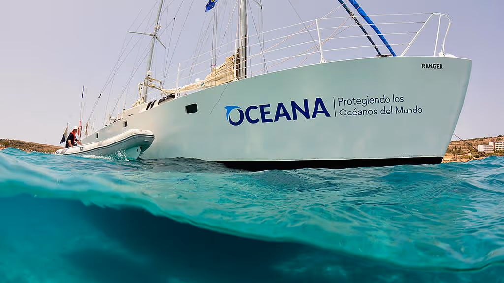 A ship with the Oceana logo, one of the non-profits fighting ocean plastics today