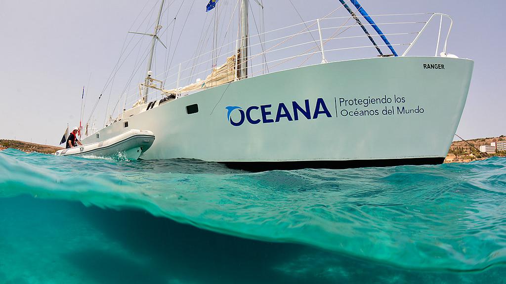 A ship with the Oceana logo, one of the non-profits fighting ocean plastics today