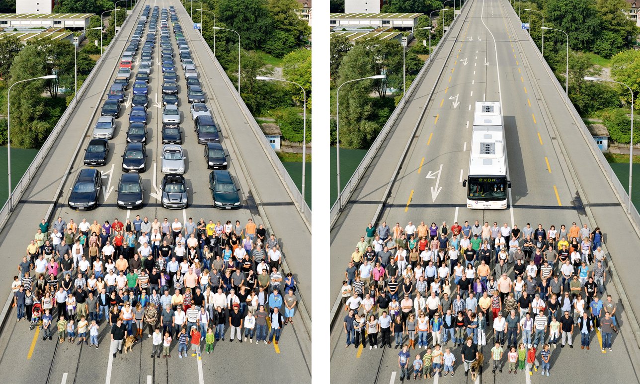 A comparison image of private and public transport showing the benefits of public transport