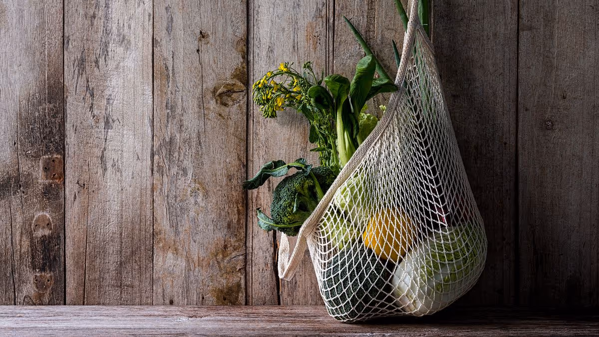 A reusable mesh cloth bag with vegetables as an alternative to plastic bags for a sustainable lifestyle