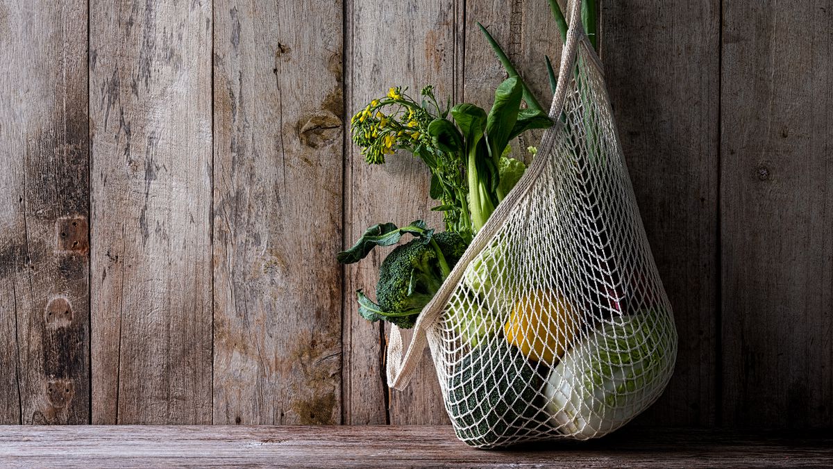 A reusable mesh cloth bag with vegetables as an alternative to plastic bags for a sustainable lifestyle