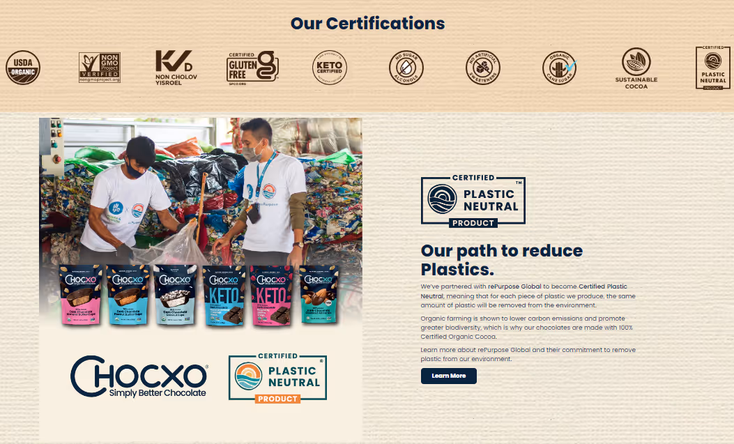 Chocxo are one of the many brands that include information about their action with rePurpose Global on their website, and they have recently mentioned the partnership and its impact in a podcast and press release