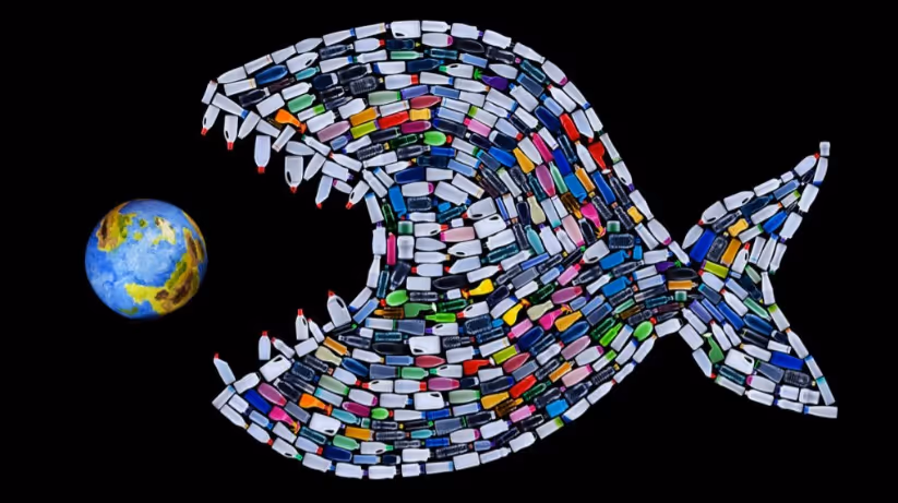 A fish made of plastic items swallowing the Earth