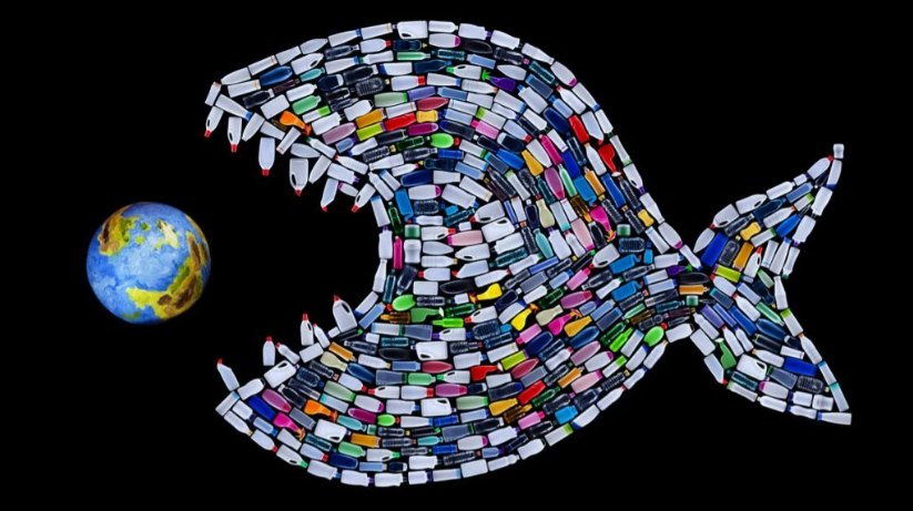A fish made of plastic items swallowing the Earth 