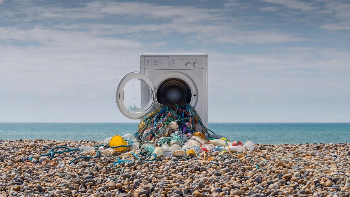 A washing machine with plastic coming our of it on a sea coast