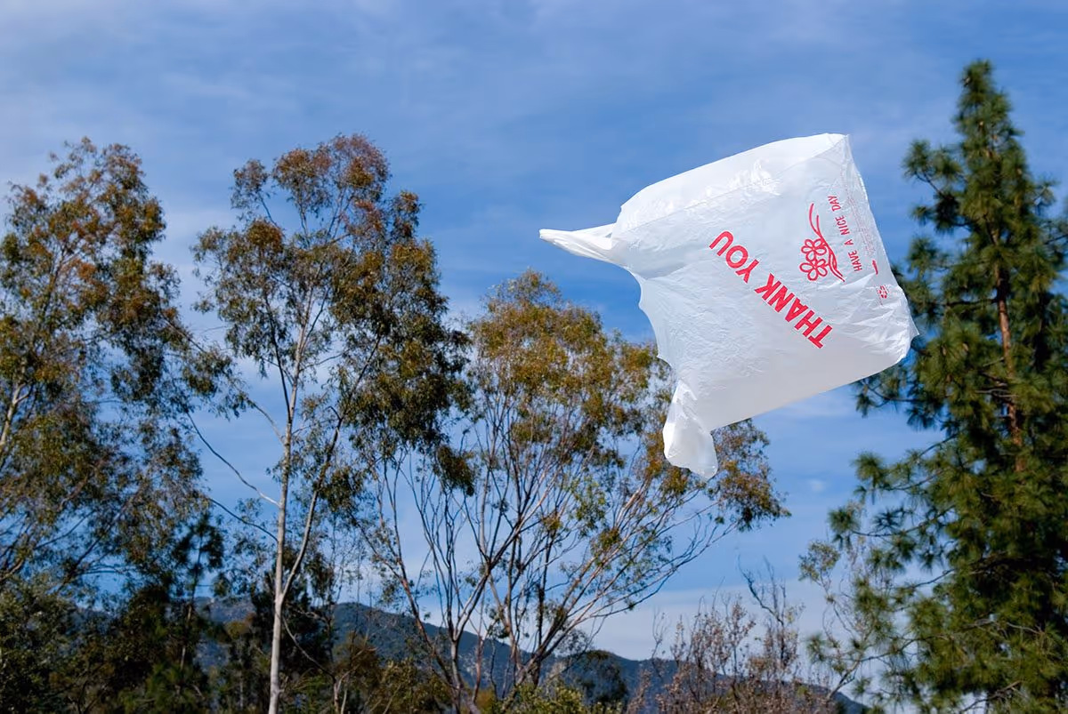 A plastic bag floating in the air, one of the ways that plastic enters our oceans