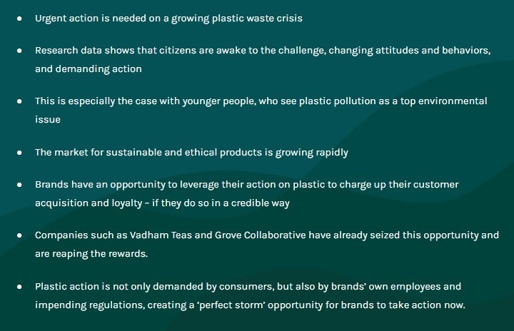 Urgent action is needed on a growing plastic waste crisis Research data shows that citizens are awake to the challenge, changing attitudes and behaviors, and demanding action This is especially the case with younger people, who see plastic pollution as a top environmental issue The market for sustainable and ethical products is growing rapidly Brands have an opportunity to leverage their action on plastic to charge up their customer acquisition and loyalty – if they do so in a credible way ‍Companies such as Vadham Teas and Grove Collaborative have already seized this opportunity and are reaping the rewards. ‍Plastic action is not only demanded by consumers, but also by brands’ own employees and impending regulations, creating a ‘perfect storm’ opportunity for brands to take action now.
