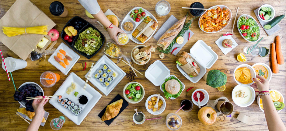Food in plastic plates and containers