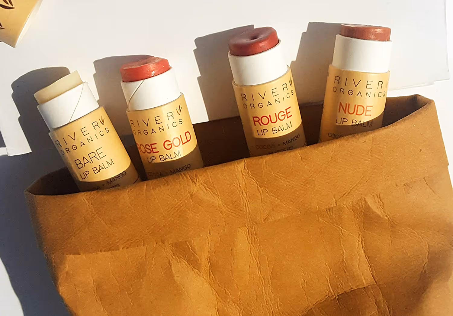 Different lip balms from River Organics, one of the most popular zero-waste skincare brands