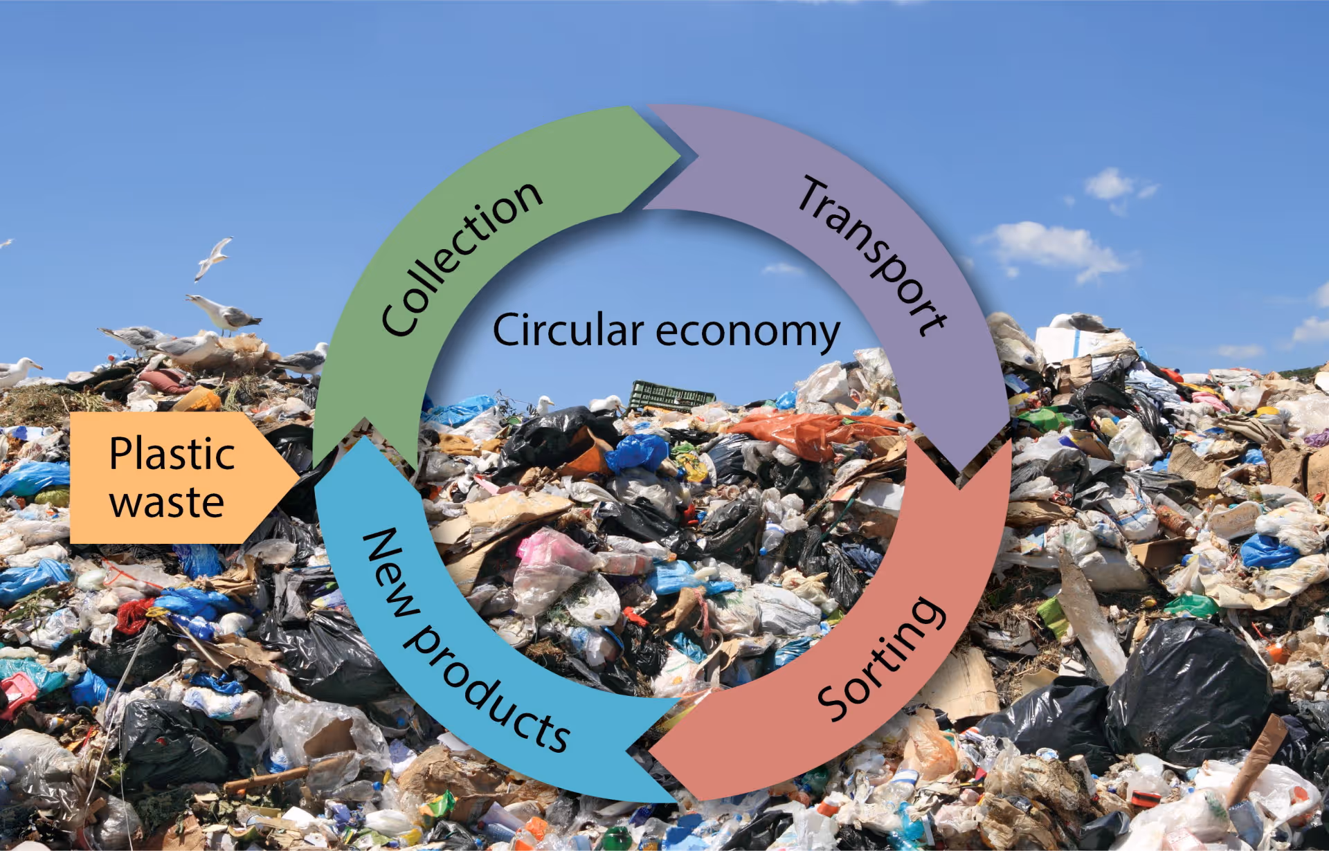 A diagram showing how circular economy works with a plastic filled landfill as its background