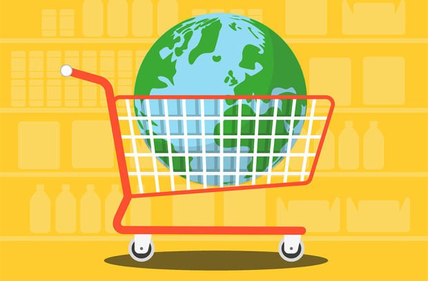 A trolley with the Earth in it, showing the power of consumers and how we can save the planet by making conscious purchases