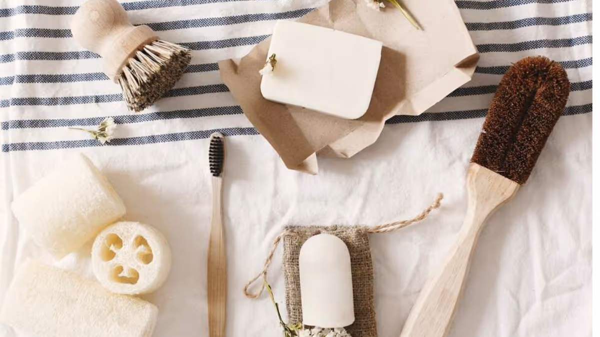Eco-friendly toiletries (brush, haircomb, toothbrush) as zero waste essential