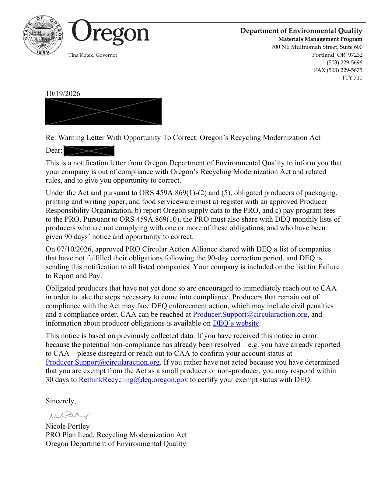 Oregon DEQ warning letter dated October 19, 2026, with the recipient's name redacted