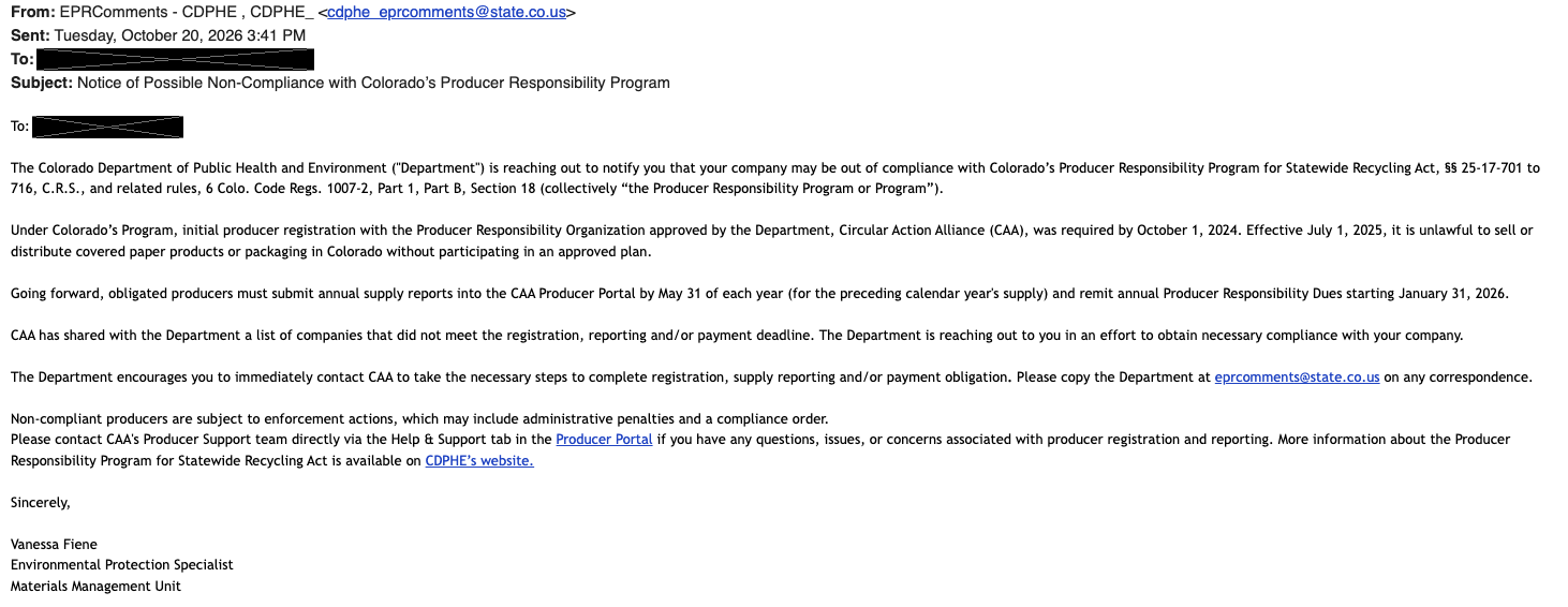 Colorado CDPHE email notice of possible EPR non-compliance dated October 20, 2026, with the recipient's name and business redacted