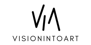Black and white logo featuring stylized, uppercase letters "VIA" on top, formed with simple, slightly angled lines. Below the logo, the word "VISIONINTOART" is written in all uppercase letters with wide spacing between each character. The overall design is clean and modern.