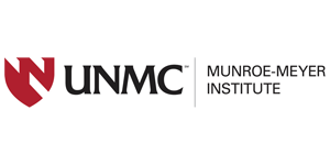 Logo with text. On the left, there's a stylized shield design. Next to it, in large black letters, it says "UNMC". To the right, separated by a thin vertical line, it says "MUNROE-MEYER INSTITUTE" in smaller black letters, arranged in two lines.