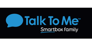 A dark rectangular logo with a chat bubble icon on the left, followed by the words "Talk To Me" in large black and white text. Beneath that, "Smartbox family" is written in smaller white text, with a light underline beneath the word "Smartbox." The background is black.