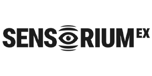 Black and white logo with the word SENSORIUMEX. The letter "O" in SENSORIUM is stylized as an eye with curved lines around it, representing vision or perception. The letters "EX" appear in smaller size next to "SENSORIUM."