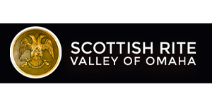 A round emblem with a double-headed eagle on the left, next to bold white text on a black background that reads: SCOTTISH RITE VALLEY OF OMAHA.