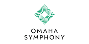 A black abstract diamond-shaped logo with wavy lines, resembling sound waves or a stylized fingerprint, appears above the words "OMAHA SYMPHONY" written in black capital letters. The background is white.