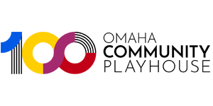 Logo with the number 100 in bold shapes and lines on the left. The “1” with vertical black stripes, the first “0” is bold, and the second “0” is with curved stripes. On the right, it says “OMAHA COMMUNITY PLAYHOUSE” in uppercase black letters, with "COMMUNITY" in bold.
