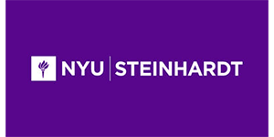 Black rectangular logo with a white square on the left featuring a stylized torch. Next to the square, the text reads “NYU | STEINHARDT” in bold white capital letters on a black background.