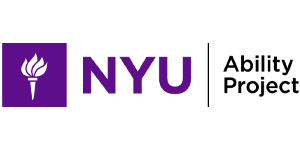 A rectangular logo featuring a black square on the left with a white torch icon inside, followed by the bold text "NYU" in black. To the right, separated by a thin black vertical line, are the words "Ability Project" in black text, arranged on two lines.