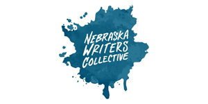 A black ink splatter with the words "Nebraska Writers Collective" written in white, handwritten-style text across the center. The background is plain white.