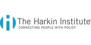 Logo with a black circle featuring a white vertical bar and two black curved shapes, resembling the letter "h". To the right, text reads: "The Harkin Institute" in gray, and underneath in smaller gray letters: "CONNECTING PEOPLE WITH POLICY".