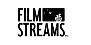Black and white logo with the words "FILM STREAMS" in bold, capital letters. Above the word "STREAMS," there is a black rectangle with two stylized human figures sitting together and looking at a screen or stars, with three white star shapes in the background.