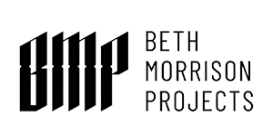 A black and white logo featuring bold, stylized letters "BMP" on the left side in a vertical, angular font. To the right of these letters, in a clean, thin, and modern sans-serif font, is the text "BETH MORRISON PROJECTS" arranged in three stacked lines.