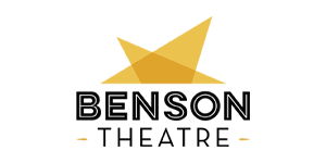 Logo with geometric black shapes overlapping above bold black text that says "BENSON" and thinner black letters below spelling "THEATRE." Two small black horizontal lines are placed on either side of the word "THEATRE."