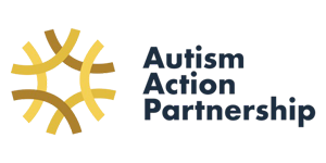 Logo with three curved black lines arranged in a circular pattern on the left. To the right of the design, text in bold, dark blue letters reads: Autism Action Partnership